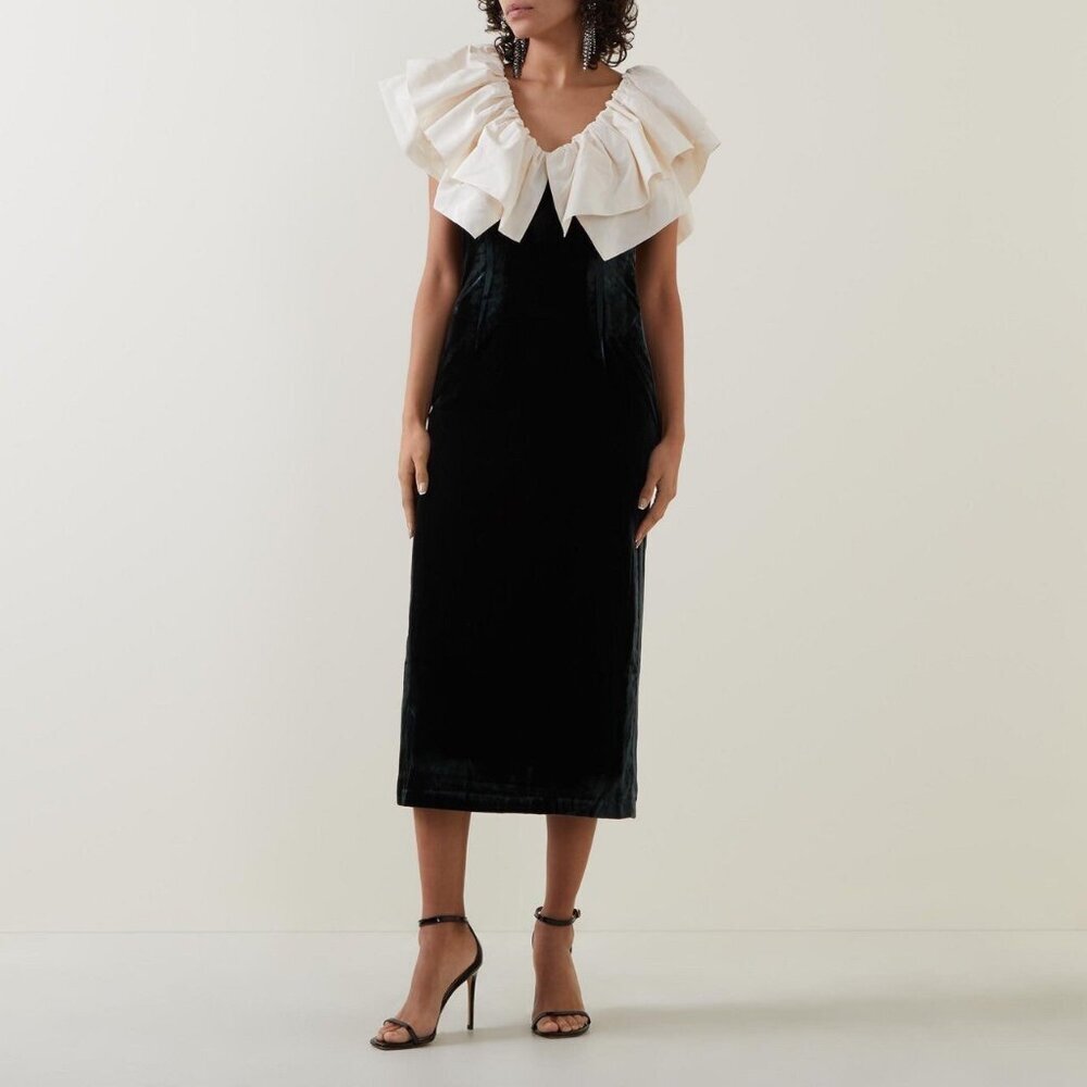 RHODE velvet Quentin taffeta Ruffled dress in macadamia forest  Sz 4